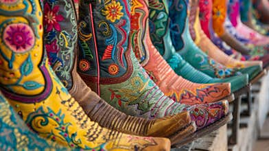 A colorful display of brightly embroidered cowboy boots showcasing the diverse styles and cultural influences found in