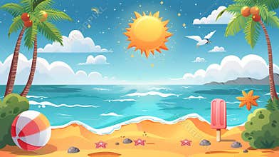 summer clipart set featuring a vibrant sun, beach ball, and popsicle on a sand backdrop, ideal for your summer design