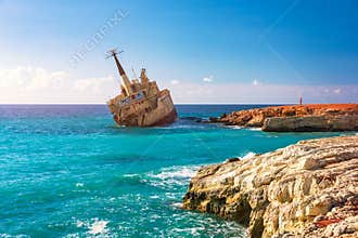 Abandoned Edro III Shipwreck at seashore of Peyia, near Paphos, Cyprus. Historic Edro III Shipwreck site on the shore of the water