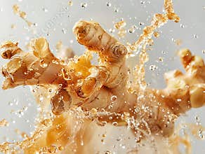 photography of GINGER falling from the sky, hyperpop colour scheme. glossy, white background Flying ginger root with