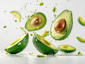 Flying in air Avocado whole and cut in half with leaf isolated on white background. Levitation Avocado