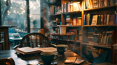 A wooden table holding two cups of coffee, steam rising from them, A cozy cafe with steaming mugs of tea and shelves of books
