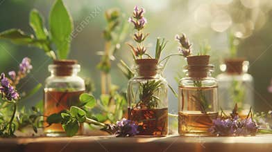 Softly blurred jars of aromatic herbs and oils creating a dreamy and peaceful backdrop to enhance the theutic properties
