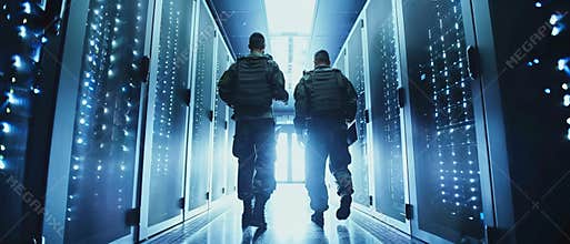 One of the military men is using a tablet computer, they are talking. There are rows of working data servers surrounding