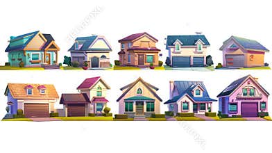 House exterior, residential building front. Modern cartoon set of cottages with garages and parking spaces on a suburban
