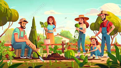 In the garden, farmers and cottagers are planting trees, watering watermelons, harvesting crops and harvesting crops