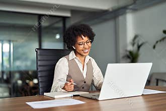 Happy African business woman female hr manager having online job interview.