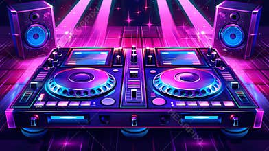 Flyer for a dance party with DJ music and a discotheque. Modern cartoon illustration of a dj console with sound speakers