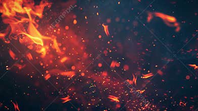 Realistic 3D modern illustration with red fire sparks overlay effect on black background. Burning campfire flame with