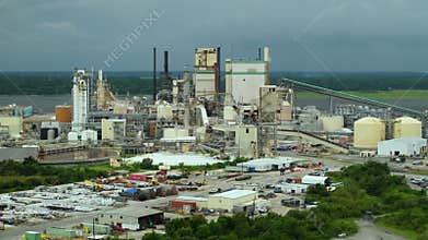 Paper mill factory structure. Brunswick cellulose and paper plant in Georgia, USA. Wood processing factory manufacturing
