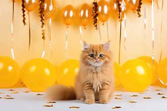 Cute adorable birthday cat with balloons sitting on yellow background.