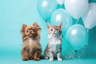 Cute adorable birthday red dog with kitten cat sitting on blye background with balloons.