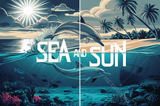 Tropical Beach Sunrise with Dolphins and Shipwreck - Vibrant Sea and Sun Illustration