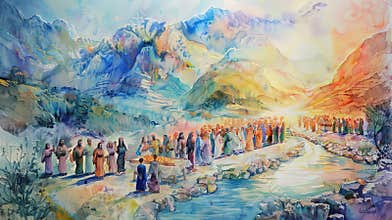 Watercolor painting of the feeding of the five thousand.