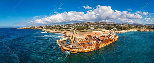 Abandoned Edro III Shipwreck at seashore of Peyia, near Paphos, Cyprus. Historic Edro III Shipwreck site on the shore of the water