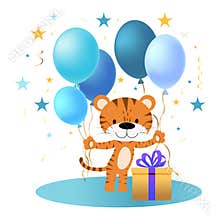 Postcard with cute tiger cub and balloons. Happy birthday