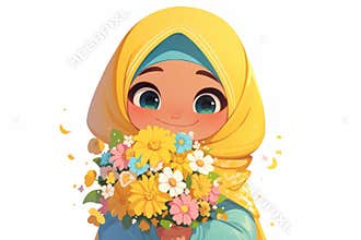 cute cartoon character with bouquet, single object, Di-Cut png style, isolated on white background