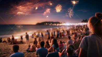 Crowd watching fireworks and celebrating. Party beach. Blurred people having night beach party in summer vacation. Bokeh