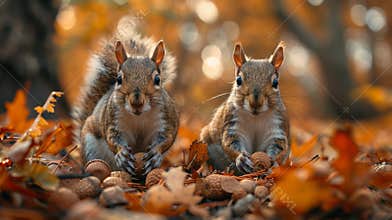 forest wildlife behavior, squirrels busily gather acorns and nuts to prepare for winter in the autumn forest, a familiar