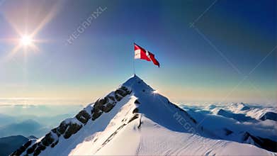 Snow-Capped Mountain Peak with Swiss Flag