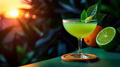 Creative food template. Cocktail with lime on neon bright colourful background with jungle leaves tropical setting and