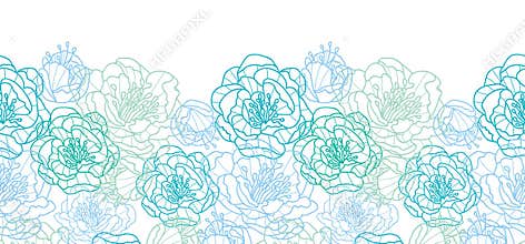 Blue line art flowers horizontal seamless pattern