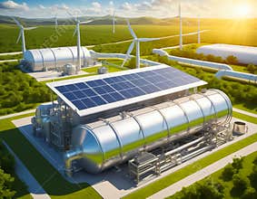 hydrogen gas tank and pipeline with wind turbines power plants and solar  panel in background.