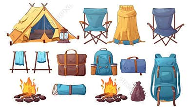 An isolated illustration of hiking equipment set, including tents, a burning campfire, backpacks, rolled sleeping bags