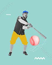 Focused young man, baseball player hitting ball with bat against mint background. Contemporary art collage.