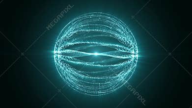 Shiny spherical field of flowing energy waves made of glow particles