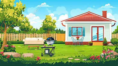 In front of a suburban cottage with green lawn, trees, and a garden fence is a backyard with sofas, tables, and a