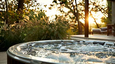 An outdoor hot tub surrounded by nature offering a tranquil spot for guests to unwind and soak in the theutic benefits.