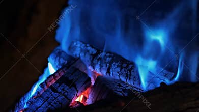 Inside a fireplace the blue flames crackle and roar as they heat up the wood and emit a cozy warmth..