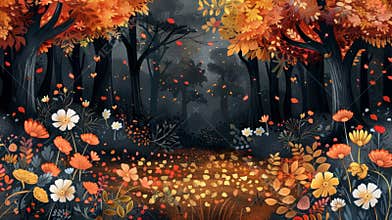 forest gathering spot, charming drawing of a woodland scene in fall, with a leafy blanket creating a snug spot for