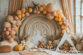 A room with a teddy bear and balloons