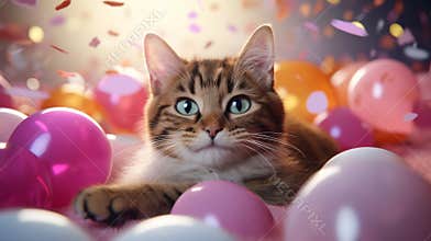 A cat is surrounded by balloons and confetti