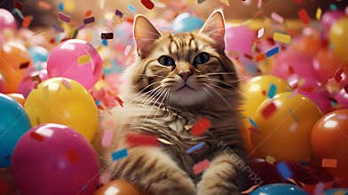 A cat is surrounded by balloons and confetti