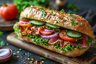Gourmet submarine sandwich with ham, cheese, bacon, fresh veggies on vibrant backdrop