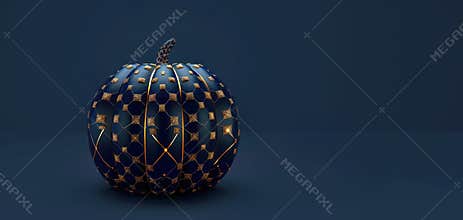 Dark blue pumpkin with geometric golden patterns and cutouts, creating an elegant and modern design against a dark