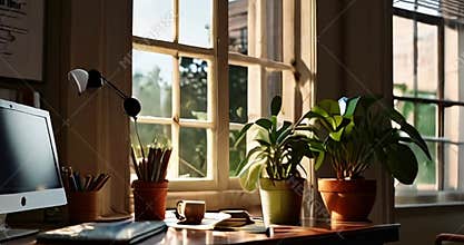 Morning Light Streaming Through Window in Cozy Office Setting With Plants