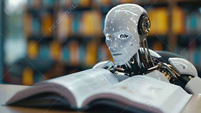 In the library, an advanced AI android is engrossed in reading a multitude of books AIG62