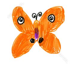 Naive style orange butterfly drawn by hand in cartoon drawing style.