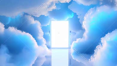A blue sky with a white cloud and a white door in the middle