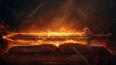 Sword and holy bible surrounded by flames symbolizing spiritual warfare