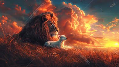 Majestic lion and lamb against vibrant sunset sky
