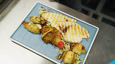 Chef Prepares a Second Course with Breaded Swordfish Rolls for a Restaurant