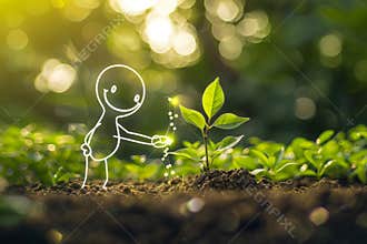 stick figure with a smile on his face, is planting small plant seeds