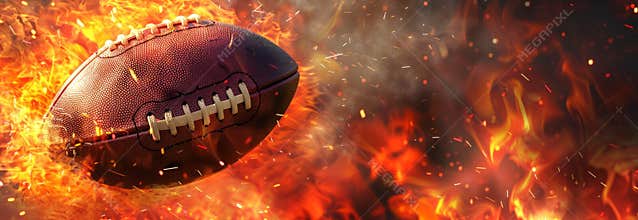 American football flying in mid-air surrounded by flames and sparks. Concept of sports, dynamic action, energy, fire