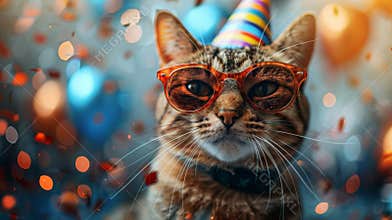 adorable cat with party hat and confetti for birthday party