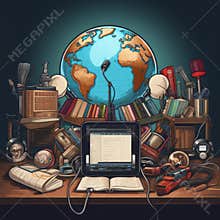 Modern workspace with computer, books, headphones, plants, and world map on wooden desk